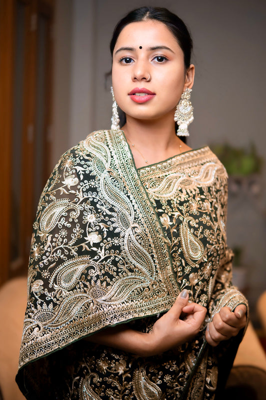 Luxury Dark Green Saree with Silver Embroidery